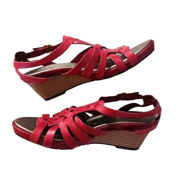 Clarks Bendables Red Gladiator Sandals Wedge Heel Strappy Sandal - Picture 12 of 12
